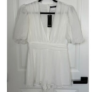 Nasty Gal White Puff Sleeve Plunge Playsuit Romper US 8 NEW